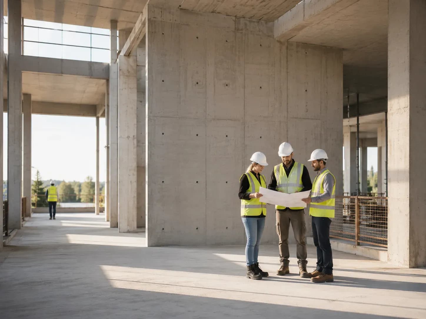 Équipe KSKN sur un chantier, casques et gilets de sécurité.