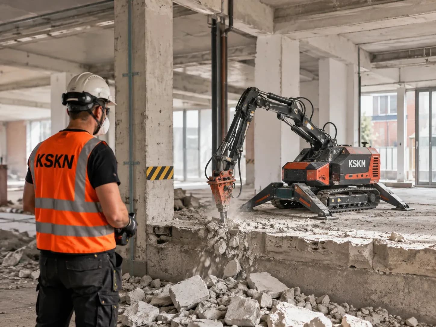 Chantier de démolition sécurisé, structure partiellement déconstruite.
