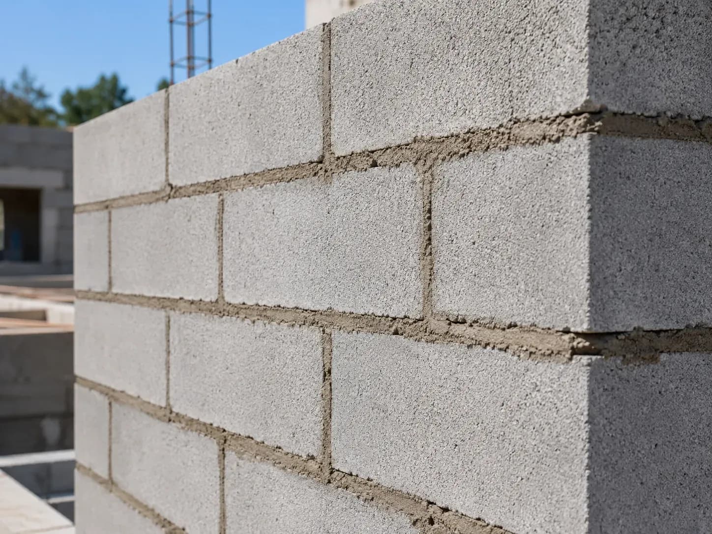 Gros plan sur un mur en parpaings, joints réguliers, chantier de maçonnerie.