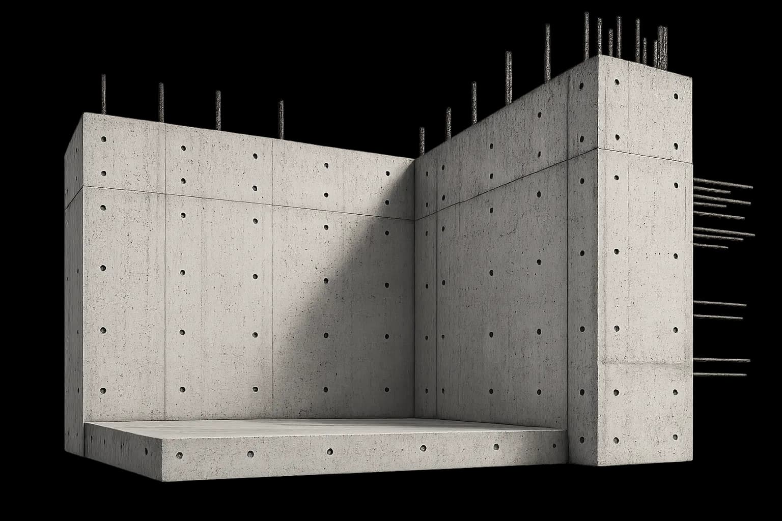 Structure en béton armé, voiles et poteaux d’un chantier de gros œuvre.