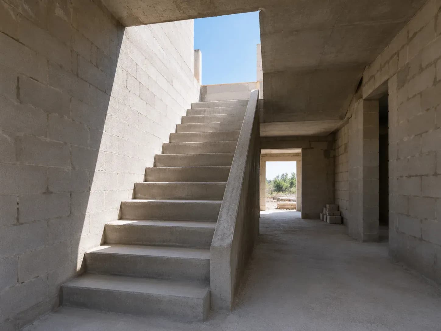 Escalier en béton armé menant à une ouverture donnant sur l’extérieur.