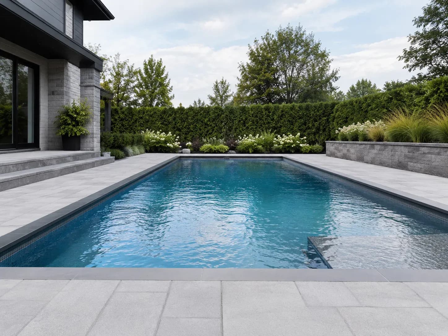 Piscine en béton armé avec terrasse en pierre, entourée de végétation.
