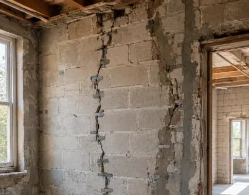 Reprise d’une fissure structurelle sur un mur en maçonnerie.