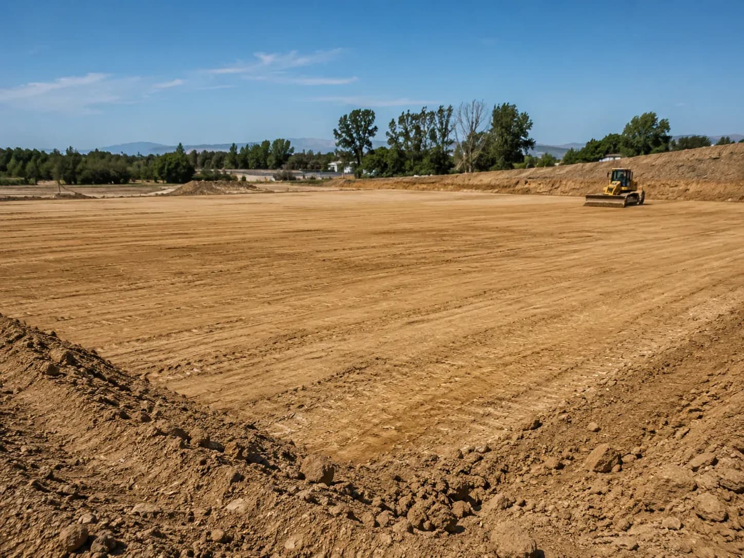 Plateforme de terrain nivelée, engin de compactage au fond de la parcelle.