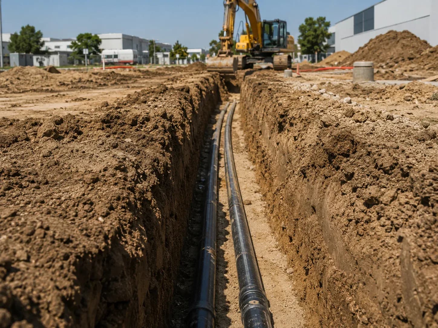 Tranchée ouverte avec canalisations de réseaux posées, pelleteuse en arrière-plan.
