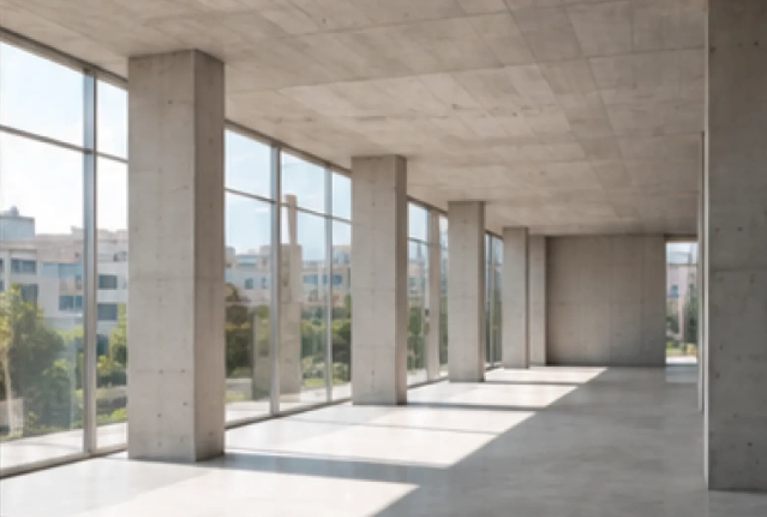 Intérieur d’un bâtiment en structure béton, baies vitrées.