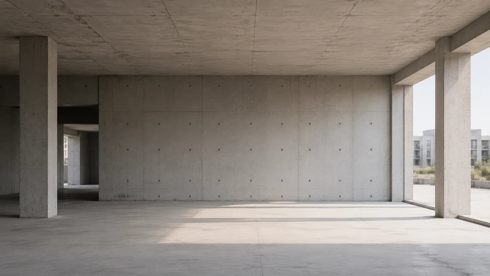 Structure en béton brut d’un bâtiment en construction, vue intérieure avec poteaux et dalle apparente.
